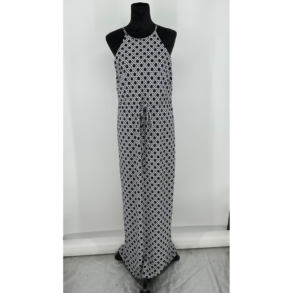 The Limited Navy Blue White Geometric Print Halter Neck Maxi Dress M B6